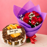 Black Forest Cake and Half Dozen Red Roses Bouquet Combo