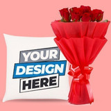 Personalized Cushion with Red Roses Bouquet