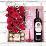 Elegant Gift Box of 12 Red Roses, Ferrero Rocher and Red Wine