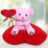Cute Pink Teddy Bear Sitting on a Red Heart Cushion