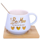 Ceramic Coffee Mug With Spoon & Wooden Saucer (Celeste Blue)