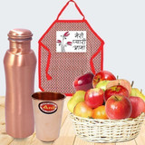 Mix Fruits Basket, Apron, Copper Glass & Bottle Combo Gift For Pyari Aama