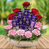 Stunning Red And Pink Roses With Chocolate Basket