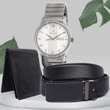Black Leather Belt & Bi-Fold Wallet Combo With Titan Men Watch