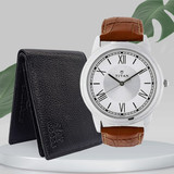 Titan Brown Leather Strap Men's Watch and Leather Wallet Combo