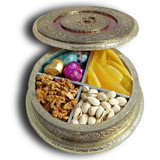 Golden Round Box With Dry Nuts, Fruits & Chocolates