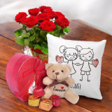 White Cushion with Gourmet Chocolates, Roses & Cute Teddy