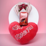 Red Heart Shaped Cushion with Chocolate & Roses