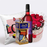 Chocolate Gift Set With Gossips Red Wine, Cushion, & Roses