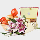 Dry Nuts in a Compartment Box with Fruit Basket & Mixed Lilies