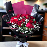 12 Red Roses Black Wrap Bouquet