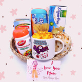 "I Love You Mom" Printed Greeting Card With Mug & Basket full Of Snacks "I Love You Mom" Printed Greeting Card With Mug & Basket full Of Snacks