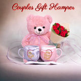 Couple Gift Hamper with Beautiful Teddy Bear, cup set & Roses Bunch