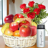 Bouquet of Roses With Personalised Bottle & Mixed Fruits Basket