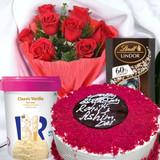 Red Velvet Cake With Rose Bouquet, Chocolate & Ice-cream