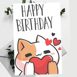 Cute Cat With Heart Design Printed Happy Birthday Greeting Card