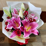 Elegant Pink Lilies & Red Roses Bouquet
