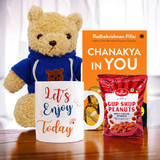 Cute Brown Teddy with Book, Peanuts & Mug