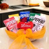 Pepero Flavours Delightful Hamper with Mini Cushion and Red Rose Gift