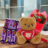Dairy Milk Collection With Teddy Bear & Roses Bunch