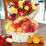 Multi-colour Roses With Fresh Fruits Basket