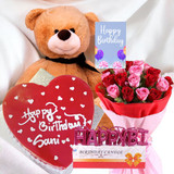 Heart Shape Cake With Teddy, Rose, Candle & Happy Birthday Card