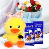 Cute Penguin Stuffed Soft Toy With Chocolates & Roses Bunch