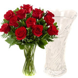 One Dozen Fresh Dutch Red Roses in Clear Crystal Glass Vase