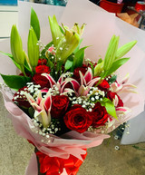 Fresh Red Roses with Lily Bouquet