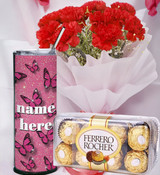 Carnation Flower Bouquet With Chocolate & Personalised Water Bottle