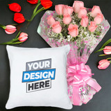 Pink Rose Bunch With Personalised White Cushion