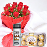 Ferrero Rocher With Red Roses Bouquet & Personalised Bottle