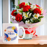 Printed Ceramic Mug with Bunch of Mixed White Lilies & Red Carnations