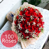 Attractive 100 Fresh Red Roses Bouquet with Gypsy