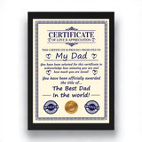 Best Dad in the World Printed Appreciation Certificate