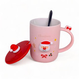 Pink Santa Claus Pattern Ceramic Mug With Lid & Spoon