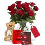 12 Red Roses Chocolates and Bear (Canada Delivery Only)