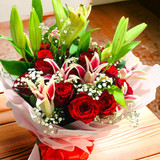 Mix of Red Roses & Pink Lily Bouquet
