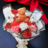Teddy With Love Cushion, Roses & Mix Carnation Flowers