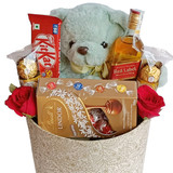 Teddy With Assorted Chocolates, Roses & Red Label Whisky 750ml