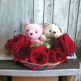 Fresh Red Roses & Mini Teddy Duo Hamper for her
