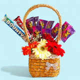 Chocolates & Flower Bouquet In A Basket
