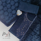 Navy Blue Embroidered Organza Suit Set with Woven Lace Dupatta