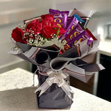 Tempting Chocolate Bouquet with Roses and Gypsophila
