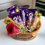 Cadbury Chocolate Gift Basket with Single Red Rose