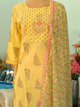 Cotton Kurta Suit With Shawl- Yellow  (44 Size)