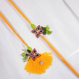 Elegant Sitara Work Yellow Bhaiya Bhabhi Rakhi Set
