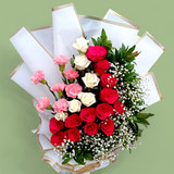 Elegant Bouquet of Roses & Carnations with Green Fillers & Gypsy