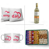 Mom and Dad Gift: Wine 750ml with Dry Nuts ,Cushions and Mugs Combo