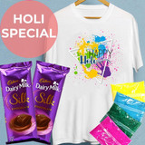 'Happy Holi' Printed T-shirt With Colors & Chocolates